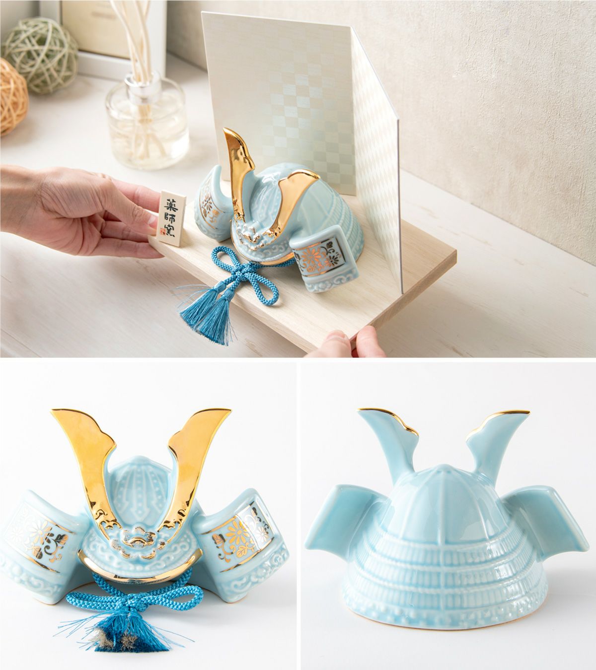 新作】五月人形 兜 兜飾り 陶器 コンパクト かわいい 初節句 西陣織